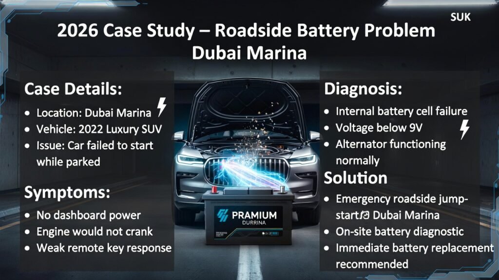 Premium 4K automotive case study infographic showing a 2022 luxury SUV in Dubai Marina with roadside battery failure, featuring symptoms, diagnosis, and solution displayed on left and right sides with central battery visual and electric glow accents.