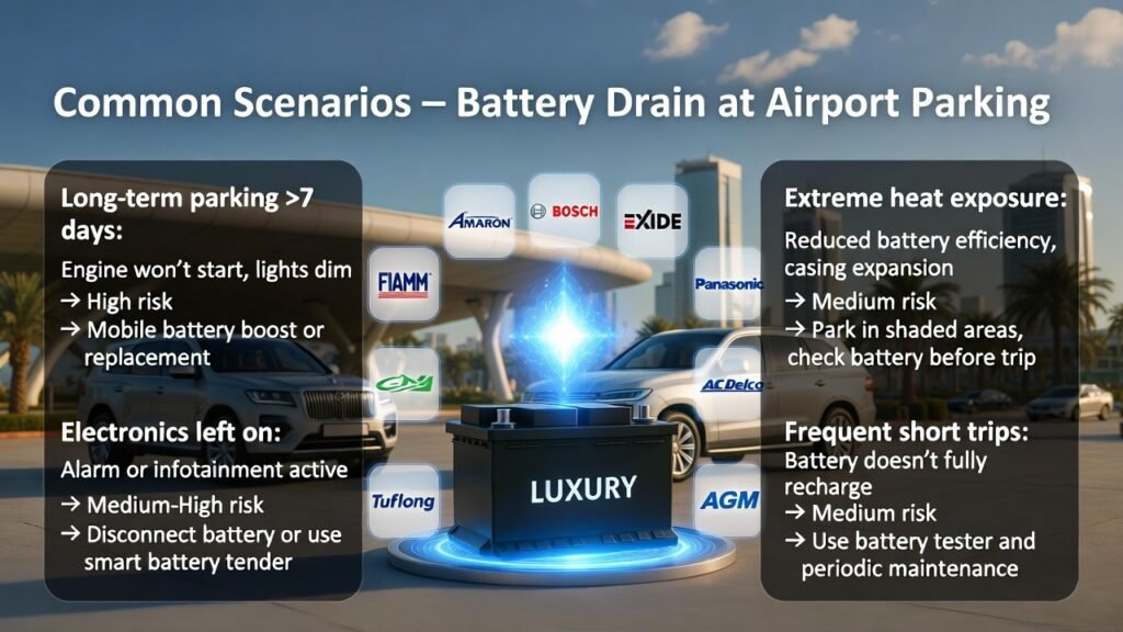 “Common Scenarios – Battery Drain at Airport Parking” “Infographic showing common battery drain scenarios at Dubai airport with central glowing luxury car battery, side bullet points with scenario, symptoms, risk level, and recommended action, surrounded by premium battery brand logos.”