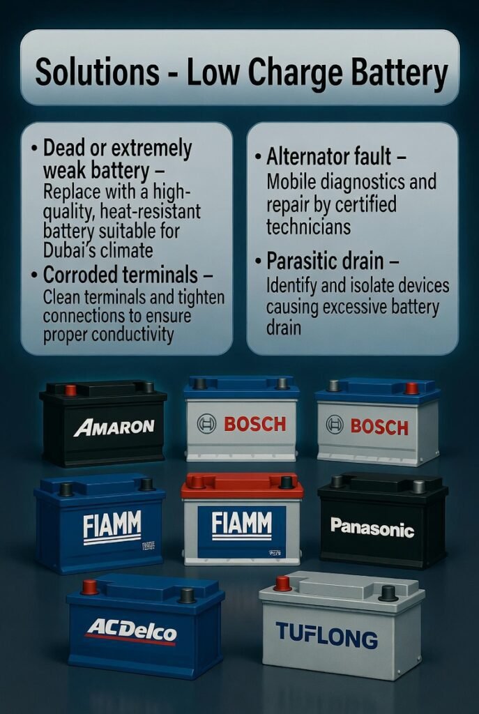 “User guide infographic showing solutions for low charge battery in Dubai, with side panels for problems and immediate solutions, and central battery brand visuals in animated professional style.”