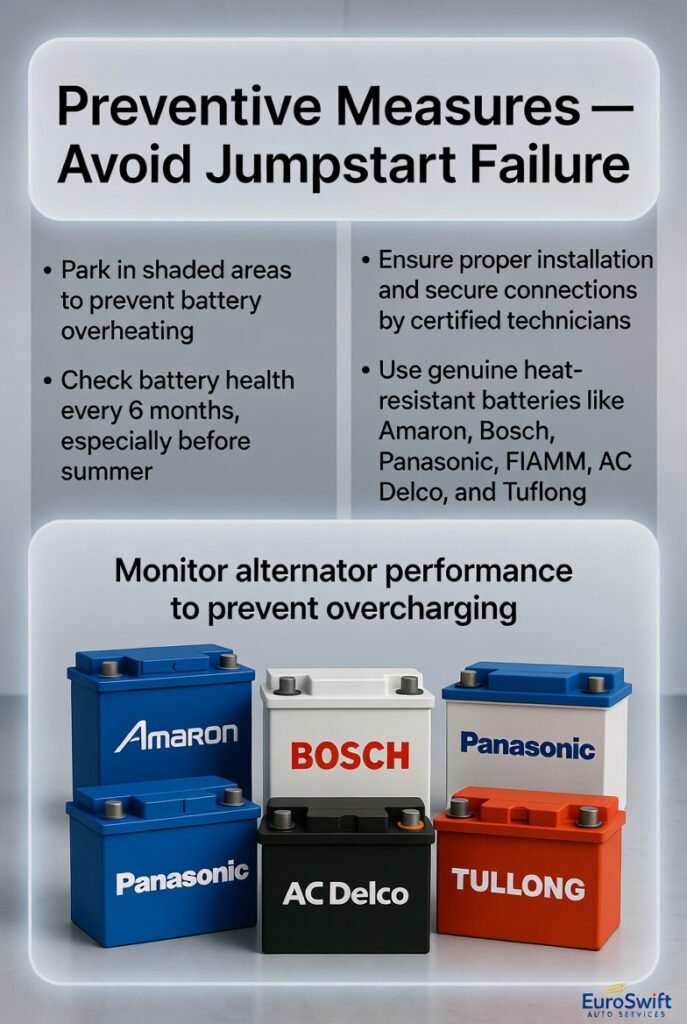 “User guide infographic showing preventive measures to avoid jumpstart failure, with side panels for key points and central battery brand visuals in animated professional style.”