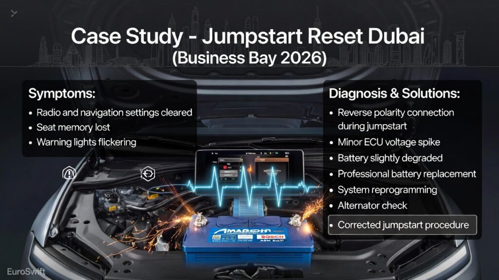 Luxury SUV in Business Bay Dubai experiencing post-jumpstart reset with dashboard warning lights, cleared infotainment and navigation settings, and lost seat memory; infographic highlights symptoms, diagnosis, and solutions.