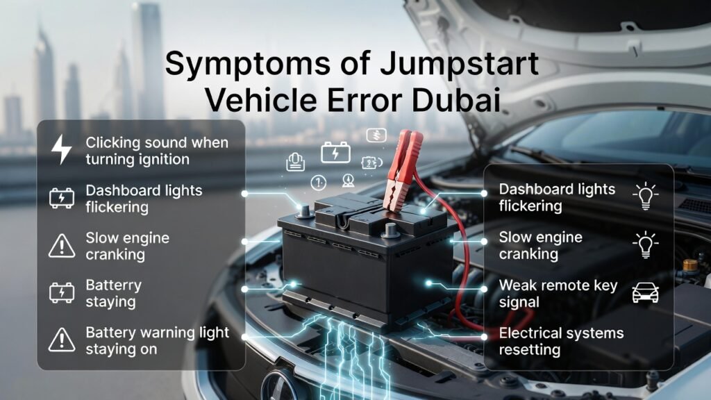 Symptoms of Jumpstart Vehicle Error Dubai β Car Battery Warning Signs Symptoms of jumpstart vehicle error Dubai showing car battery jumpstart cables with ignition and electrical warning signs.