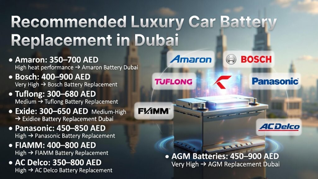 “Recommended Luxury Car Battery Replacement in Dubai” “Infographic showing recommended luxury car battery replacement in Dubai with central glowing battery, side bullet points with brands, price ranges, and heat/performance, and brand logos around battery.”