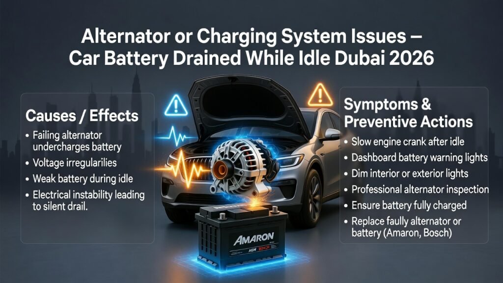Modern SUV in Dubai showing alternator and battery during idle with voltage irregularities causing weak battery; infographic highlights causes, effects, symptoms, and preventive solutions with a premium branded battery.