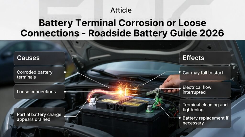 Battery terminal corrosion and loose connections showing a parked car with hood open, technician cleaning terminals, and infographic points explaining causes and effects of interrupted current flow.