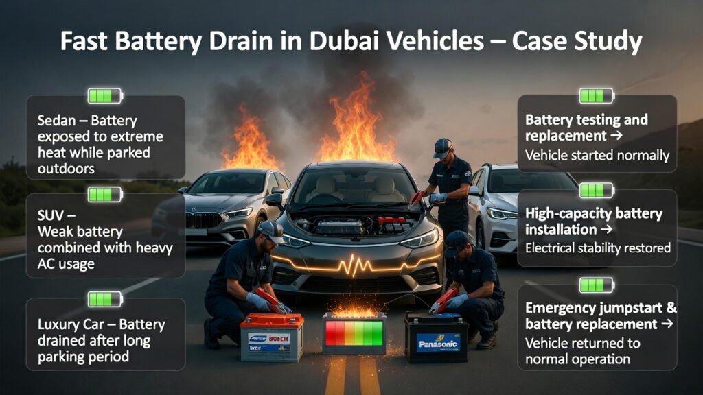 Case study of fast battery drain in Dubai vehicles showing sedan, SUV, and luxury car with battery replacement and jumpstart by professional roadside service.