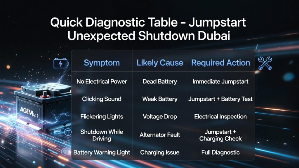 Premium 4K automotive infographic featuring a quick diagnostic table for jumpstart unexpected shutdown in Dubai, showing symptoms, likely causes, and required actions, with a central battery visual and modern luxury layout.