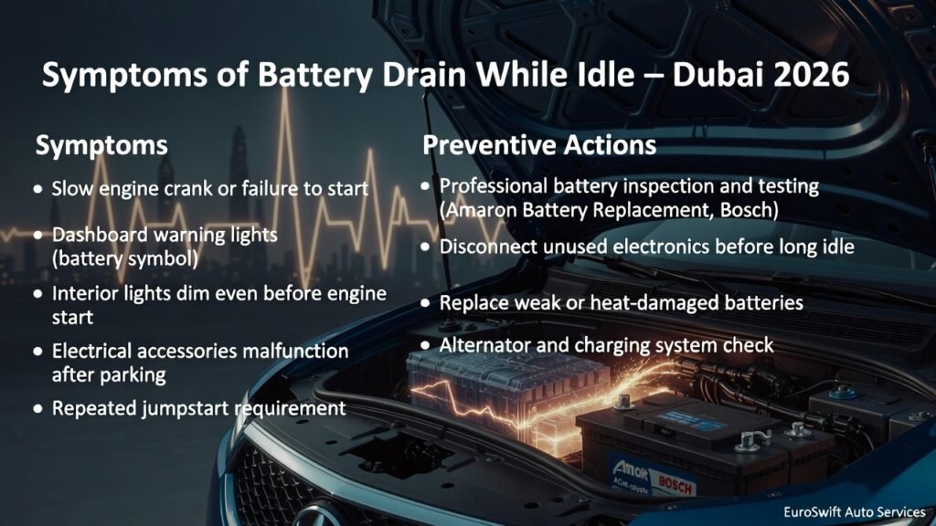 Modern SUV parked in Dubai showing battery stress; infographic highlights symptoms of idle battery drain including slow engine crank, dashboard warning lights, dim interior lights, malfunctioning electrical accessories, and repeated jumpstart requirement.