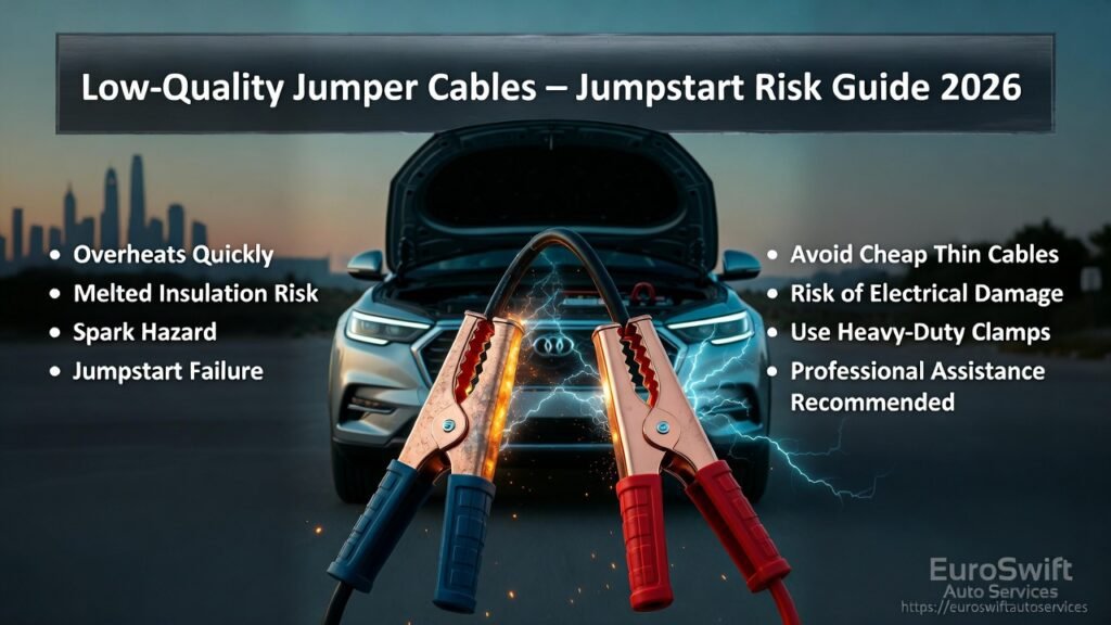 Thin damaged jumper cables overheating during car jumpstart in Dubai causing melted insulation, sparks, and jumpstart failure risk 2026.