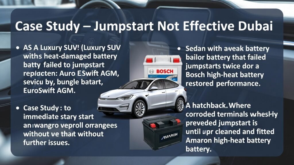 “User guide infographic showing case study of jumpstart not effective in Dubai, with side panels for vehicle type, issue, action taken, and result, and central battery brand visuals in animated professional style.”