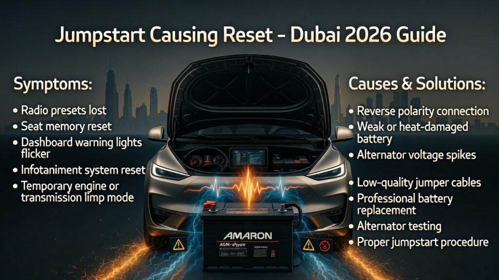 Modern SUV in Dubai with battery jumpstart causing electronic reset, flickering dashboard, dim lights, and infotainment system reset; infographic highlights symptoms, causes, and solutions.