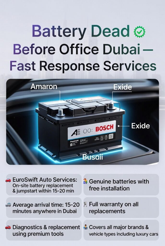 “Battery Dead Before Office Dubai – Animated user guide showing EuroSwift Auto Services fast response battery solutions with premium battery in center and Dubai cityscape in background.”
