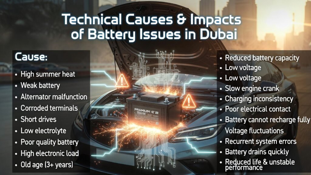 Infographic showing technical causes of battery issues in Dubai, including high heat, weak battery, alternator malfunction, corroded terminals, and their impacts like low voltage, slow engine crank, voltage fluctuations, and recurrent system errors.