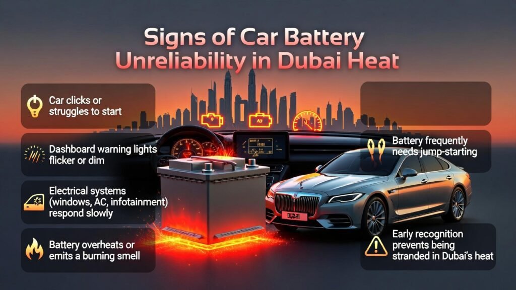 "Signs of Car Battery Unreliability in Dubai Heat" "Animated infographic showing signs of car battery unreliability in Dubai heat, featuring a central glowing battery, flickering dashboard, luxury branded car, and key warning signs displayed as bullet points on the sides."