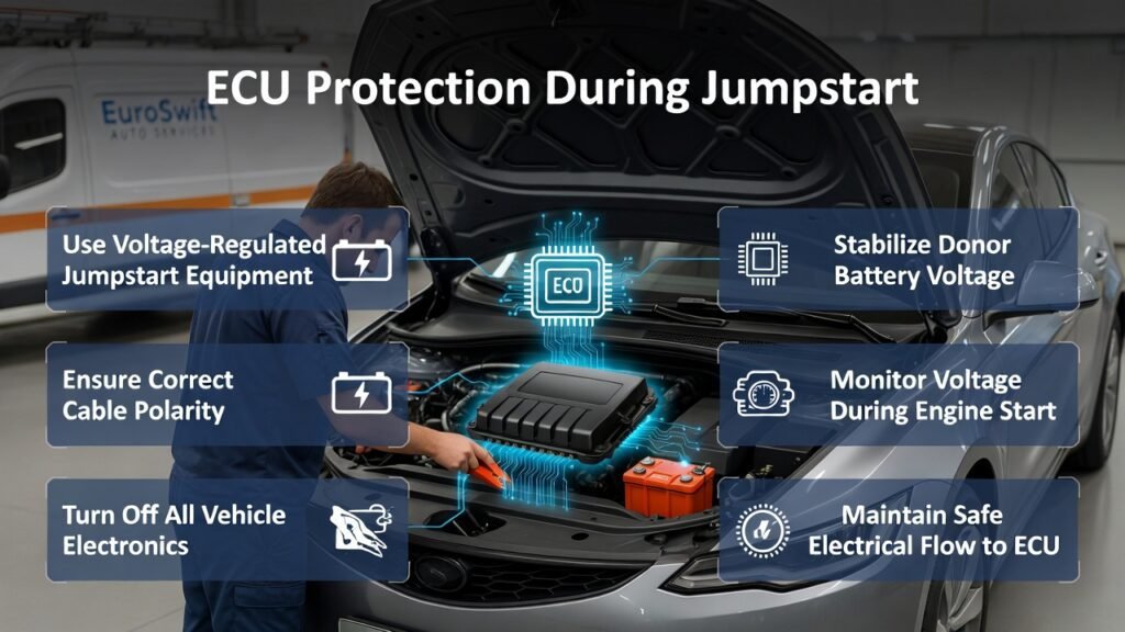 ECU Protection During Jumpstart โ Safe Car Battery Jumpstart Guide ECU protection during car jumpstart showing safe voltage regulated jumpstart procedure to protect vehicle electronics.
