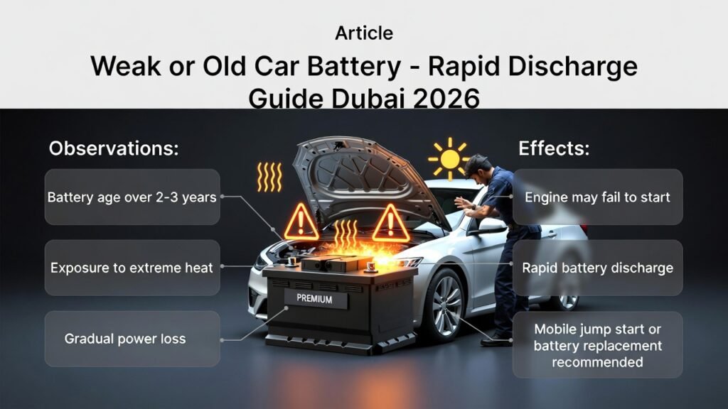 Weak or old car battery showing a parked vehicle with hood open, battery glowing weakly, and infographic points explaining causes and effects of rapid discharge in Dubai heat.