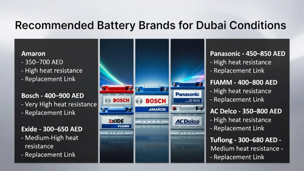 “User guide infographic showing recommended battery brands for Dubai conditions, with side panels listing brand names, price ranges, heat resistance, and replacement links, and central battery brand visuals in animated professional style.”