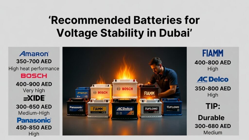 Premium car batteries for voltage stability in Dubai, including Amaron, Bosch, Exide, Panasonic, FIAMM, AC Delco, and Tuflong, with heat-resistant properties and tips for durability.