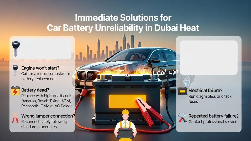 "Immediate Solutions for Car Battery Unreliability in Dubai Heat" "Animated infographic showing immediate solutions for car battery unreliability in Dubai heat, featuring a central battery being serviced, luxury branded car, and key solutions displayed as bullet points on the sides."