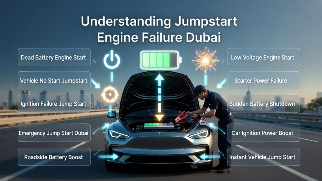 Understanding Jumpstart Engine Failure Dubai β Car Battery Boost Guide Understanding jumpstart engine failure Dubai infographic showing technician jump starting a car battery with roadside emergency battery boost solutions.