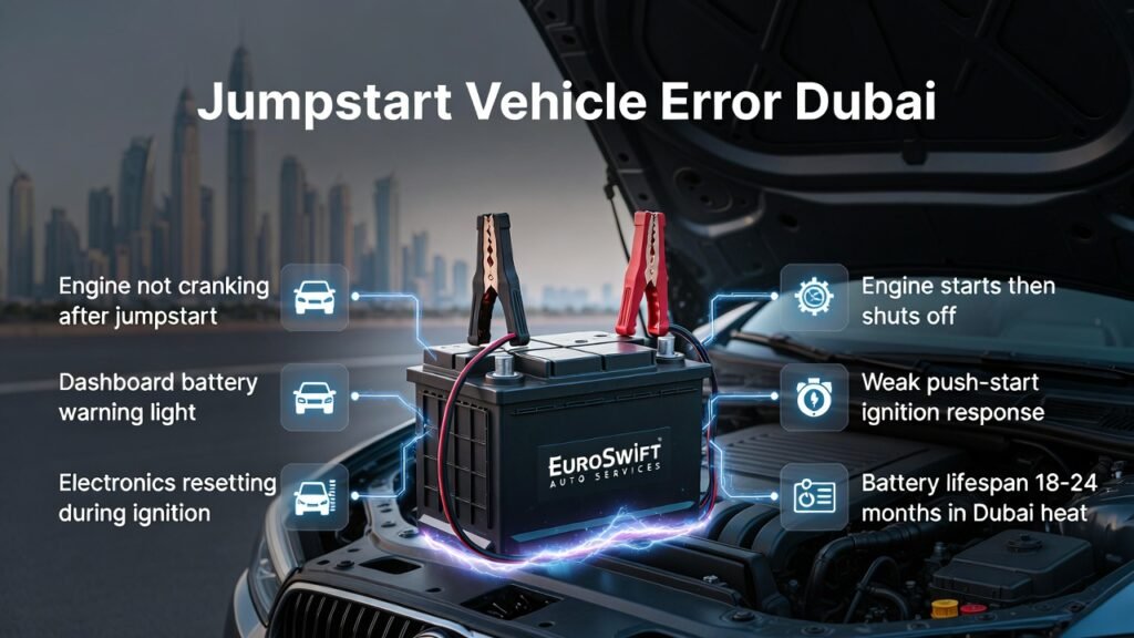 Jumpstart Vehicle Error Dubai β Car Battery Jumpstart Troubleshooting Guide Jumpstart vehicle error Dubai infographic showing car battery jumpstart cables and common vehicle starting problems.