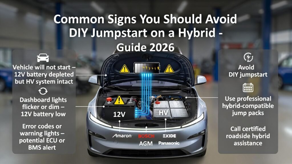 Luxury hybrid car with hood open showing 12V and HV batteries, dashboard lights flickering, technician inspecting system, and infographic points illustrating signs to avoid DIY jumpstart.