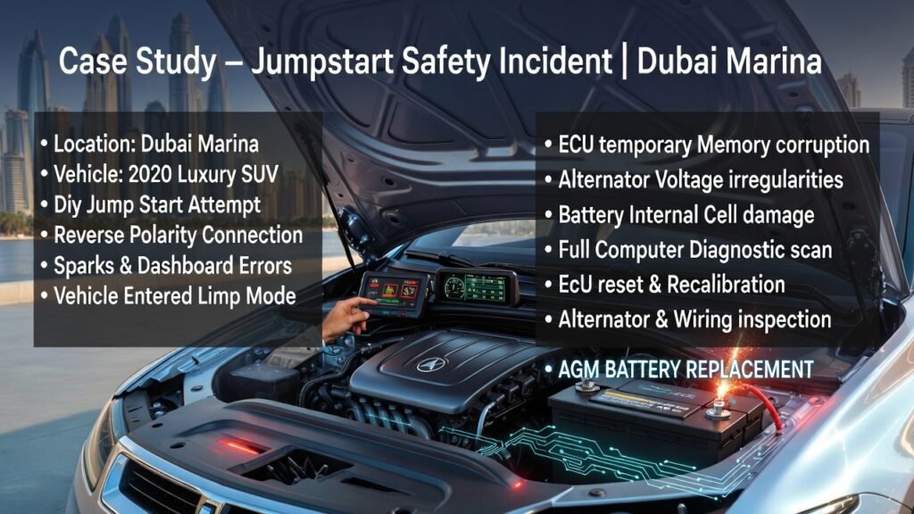 Infographic showing a jumpstart safety incident case study in Dubai Marina involving reverse polarity connection, ECU corruption, alternator irregularities, AGM battery replacement, and professional diagnostic repair.