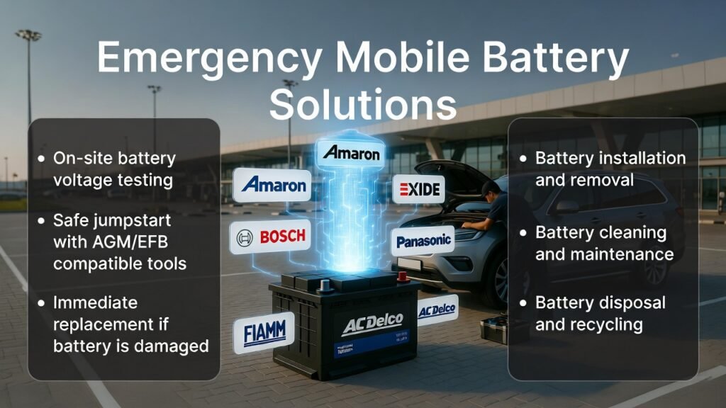 “Emergency Mobile Battery Solutions” “Infographic showing emergency mobile battery solutions at Dubai airport with central glowing luxury car battery, luxury SUV being serviced, side bullet points summarizing services, and animated premium battery brand logos.”