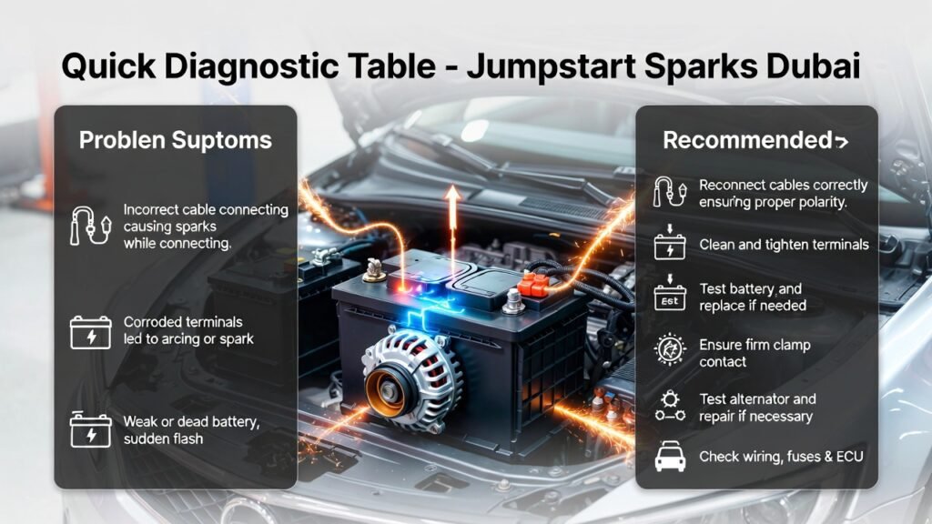 Infographic showing quick diagnostic table for jumpstart sparks in Dubai, listing problem sources, symptoms, and recommended actions with animated battery visuals.