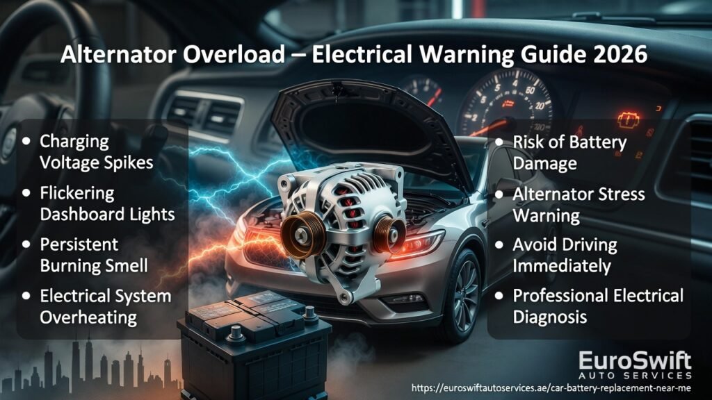 Faulty alternator overload in Dubai causing charging voltage spikes, flickering dashboard lights, burning smell, and electrical system overheating 2026.