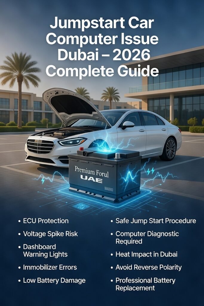 Feature image showing car battery jumpstart in Dubai with ECU warning highlights and key points about computer damage and voltage spike risks.
