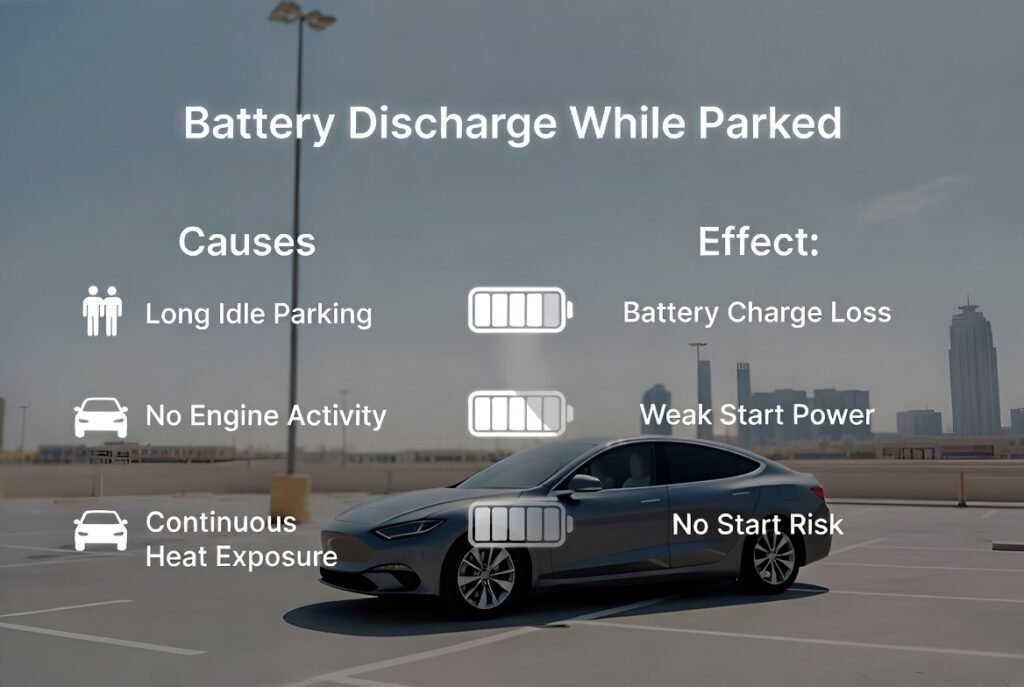 Car battery discharging while parked in Dubai heat causing power loss and starting issues