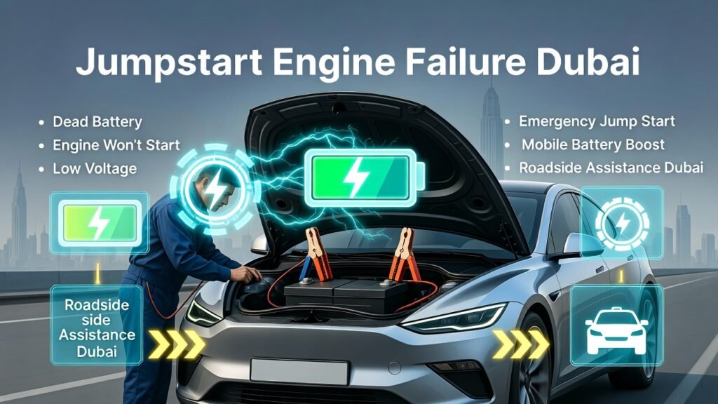 Jumpstart engine failure Dubai roadside battery boost service illustration showing technician jump starting a car battery with emergency vehicle ignition support.