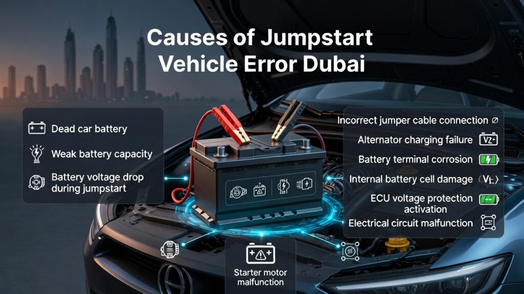 Causes of Jumpstart Vehicle Error Dubai β Car Battery and Electrical Issues Causes of jumpstart vehicle error Dubai showing car battery with jumper cables and common vehicle electrical problems infographic.