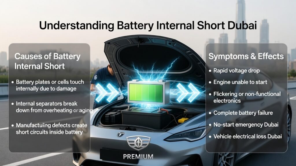 Understanding Battery Internal Short Dubai Infographic showing a luxury car in Dubai with a technician inspecting or replacing a battery, highlighting internal short causes, symptoms, and emergency roadside replacement.