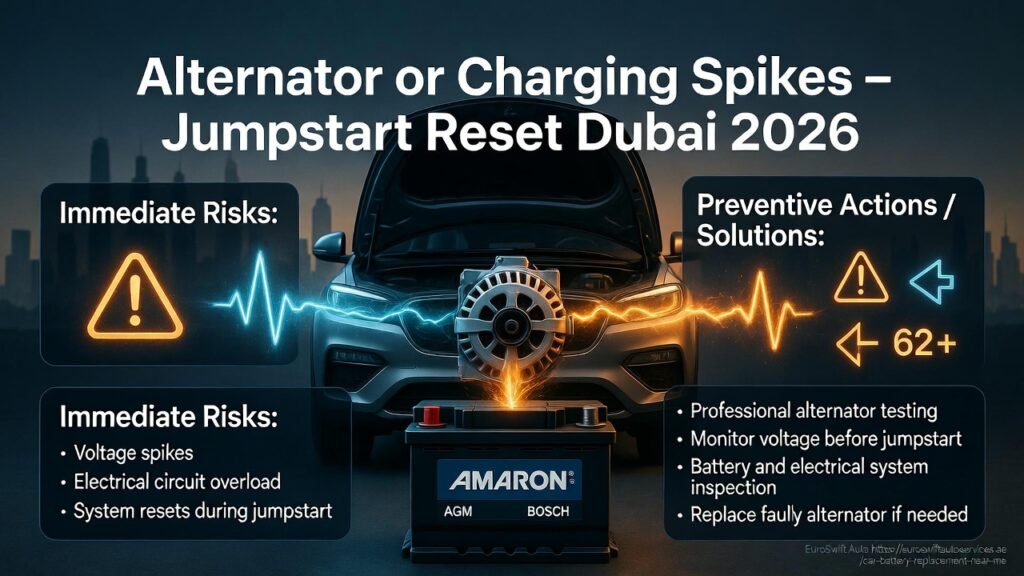 Modern SUV in Dubai with alternator producing voltage spikes during jumpstart, causing electrical circuit overload and system resets; infographic highlights risks and preventive solutions.