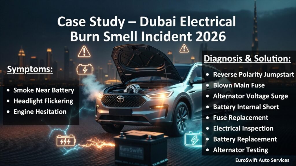 Case study of a 2021 SUV in Downtown Dubai experiencing electrical burn smell after jumpstart showing smoke, flickering headlights, and battery issues.