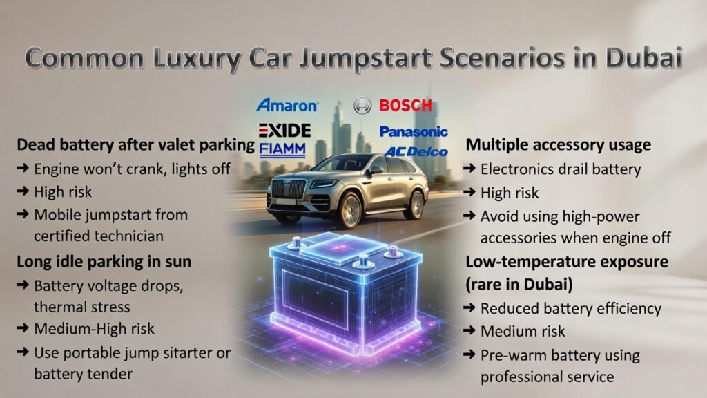 “Common Luxury Car Jumpstart Scenarios in Dubai – User Guide” “Infographic showing common luxury car jumpstart scenarios in Dubai with luxury SUV and battery in center, side bullet points for risks and recommended actions, and premium battery brand logos around the battery.”