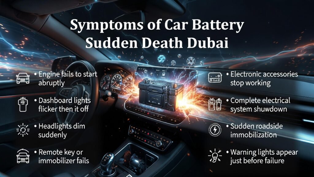 High-quality 4K infographic showing a central premium car battery or SUV dashboard with electric glow accents, headline at the top, and key symptoms of car battery sudden death in Dubai displayed on left and right sides.