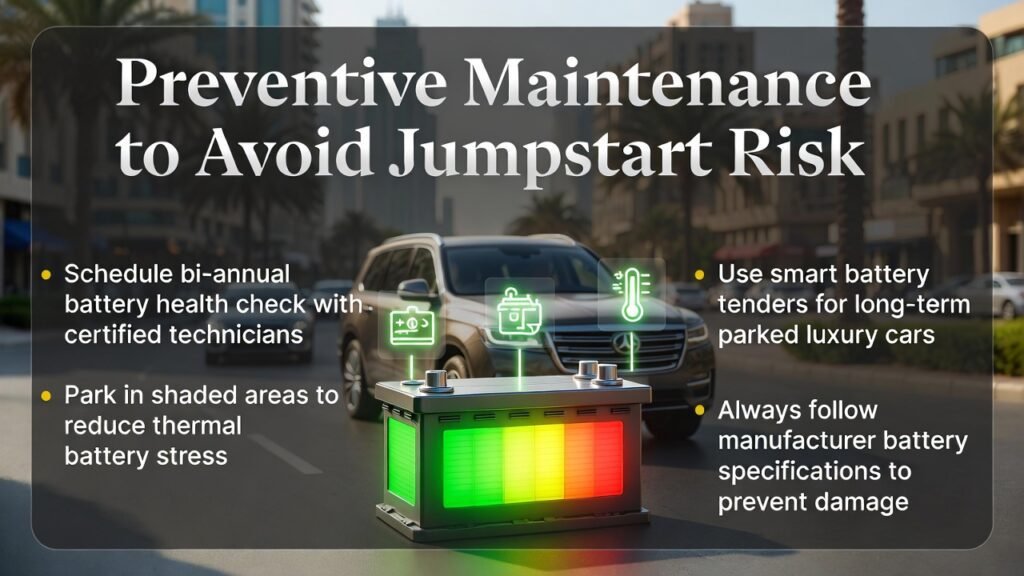 “Preventive Maintenance to Avoid Jumpstart Risk” “Infographic showing preventive maintenance tips to avoid jumpstart risk for luxury cars in Dubai with central 3D luxury car battery, side bullet points, and icons for smart battery tenders and temperature protection.”