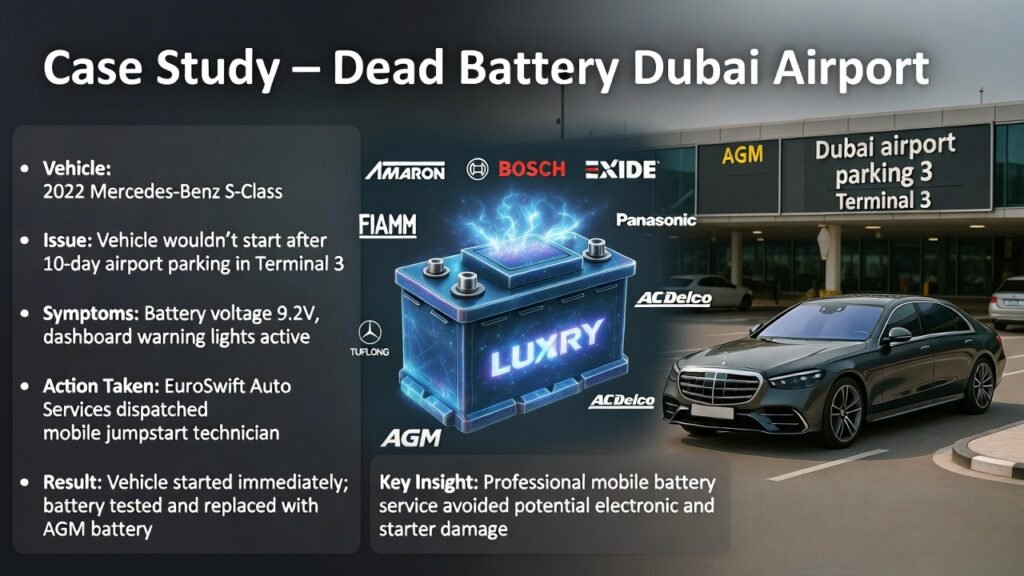 “Case Study – Dead Battery Dubai Airport” “Infographic showing a dead battery case study at Dubai airport with central glowing luxury car battery, Mercedes-Benz S-Class in the background, side bullet points summarizing vehicle, issue, symptoms, action, result, and key insight, surrounded by premium battery brand logos.”