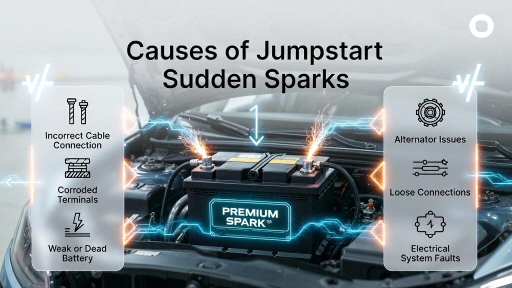 Infographic showing causes of jumpstart sudden sparks, including cable misconnection, corroded terminals, weak battery, alternator issues, loose connections, and electrical system faults.
