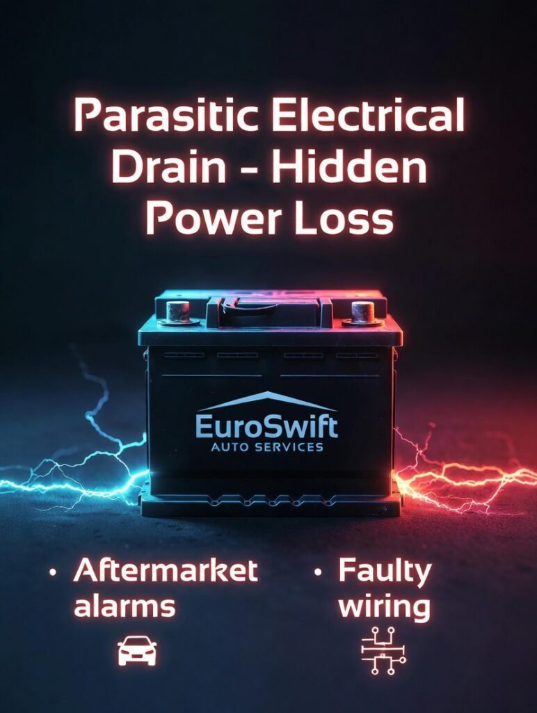 Automotive infographic showing parasitic electrical drain with central branded car battery and side bullet points listing aftermarket alarms, dashcams, and faulty wiring.