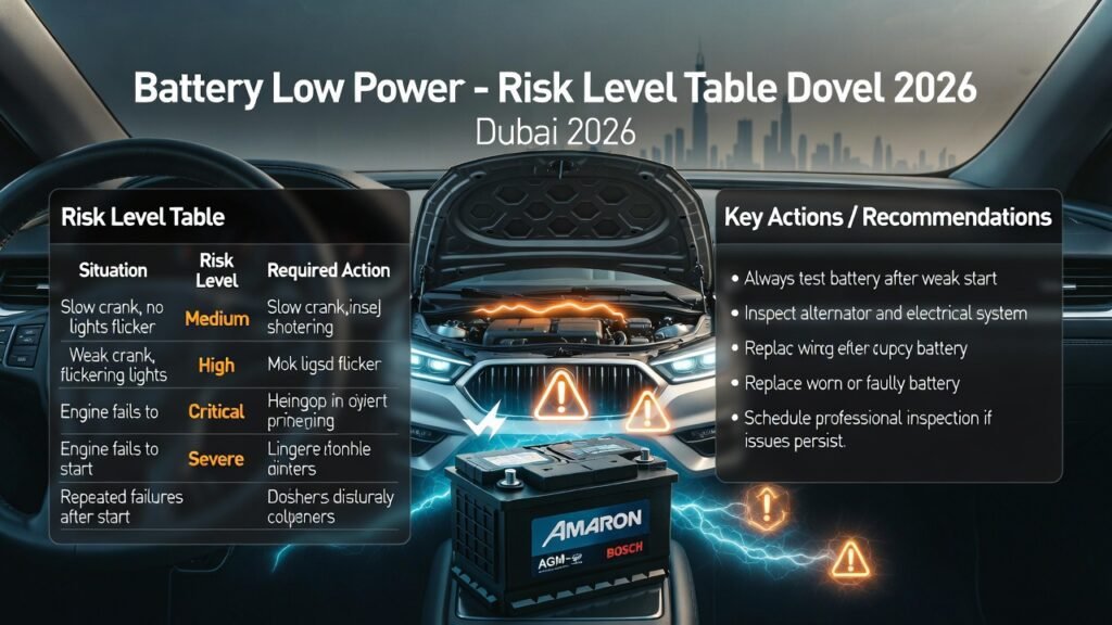 Modern SUV in Dubai showing low-power battery conditions with risk level table indicating situations, severity, and required actions for professional battery management.