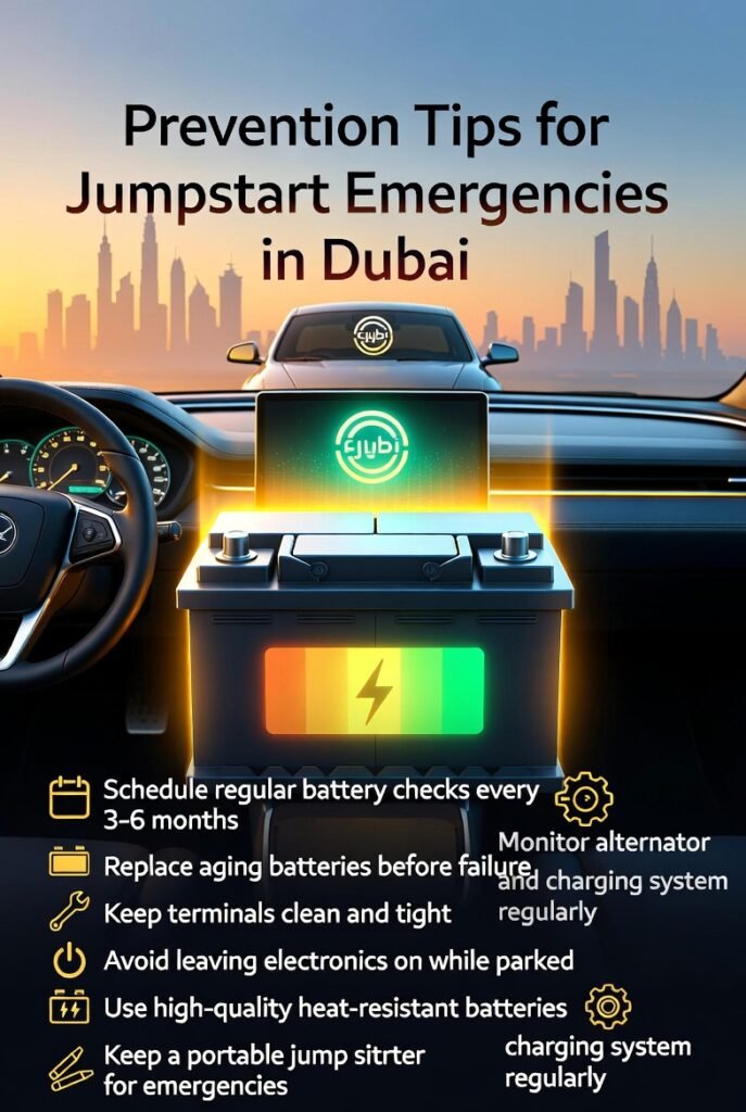"Animated infographic showing prevention tips for jumpstart emergencies in Dubai, featuring a central healthy car battery and luxury branded car, with key preventive measures displayed as bullet points on the sides."