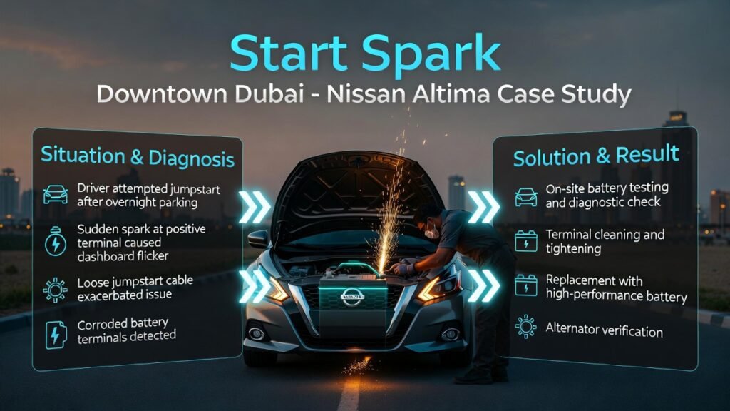 Infographic showing Nissan Altima case study in Downtown Dubai with jumpstart spark at battery terminal, diagnosis, solutions, and result.
