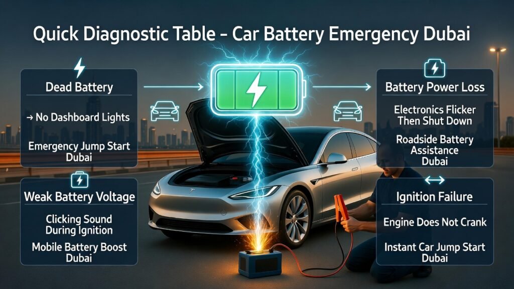 Quick Diagnostic Table โ Car Battery Emergency Dubai Quick diagnostic infographic for car battery emergency Dubai showing technician performing a jump start, with key battery issues and emergency solutions highlighted in side panels.