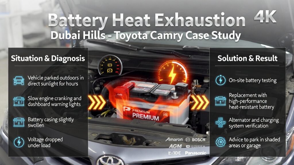 Infographic showing battery heat exhaustion in Dubai Hills for a Toyota Camry, highlighting situation, diagnosis, solutions, and improved performance with premium heat-resistant battery.