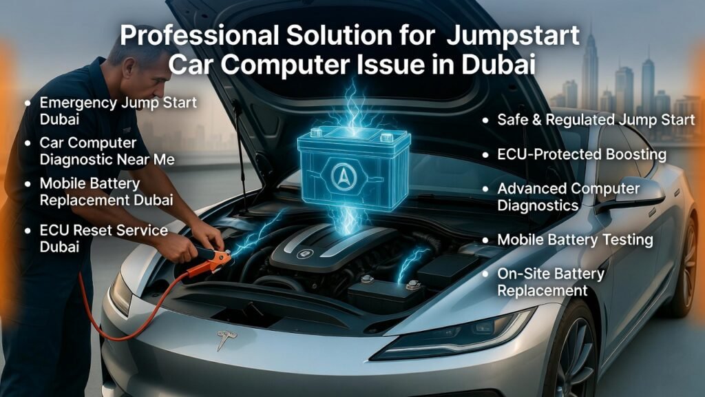 Infographic showing professional jumpstart car computer service in Dubai, highlighting safe boosting, ECU protection, diagnostics, and mobile battery replacement by EuroSwift Auto Services.