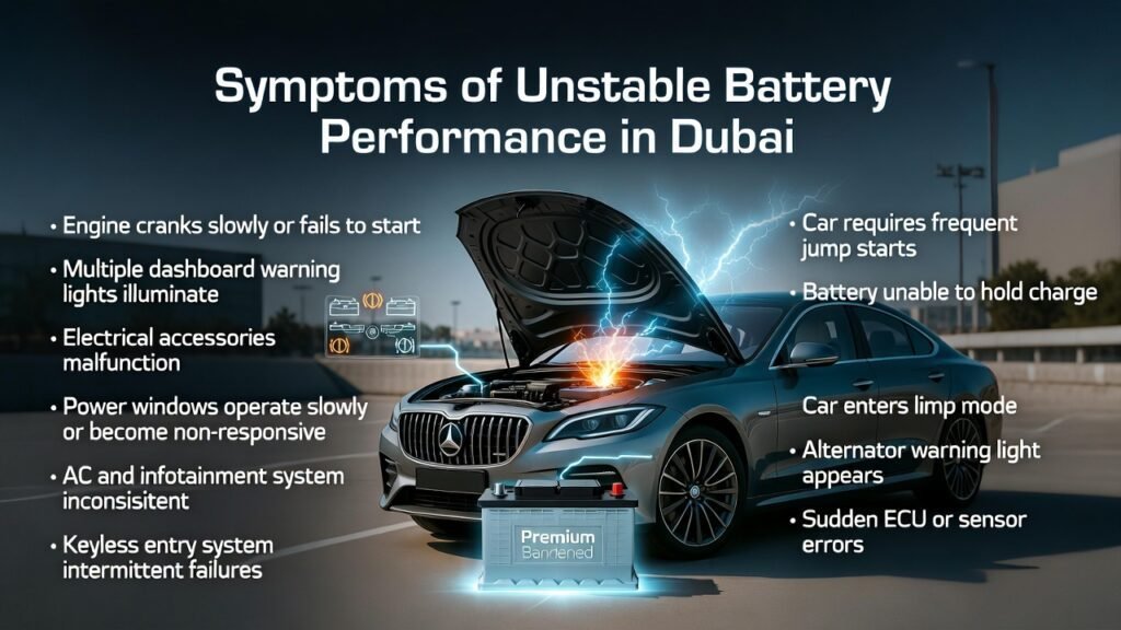 Infographic showing symptoms of unstable battery performance in Dubai vehicles, including slow engine cranking, dashboard warnings, accessory malfunctions, keyless entry issues, ECU errors, and limp mode.